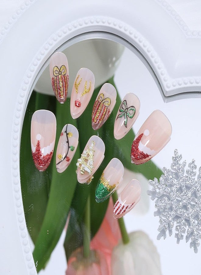 KRTBKR 24Pcs Christmas Press on Nails Short Almond Elk Fake Nails Colorful Lights Glitter Red Green Design with Xmas Tree Rhinestones Glue on Nails French Tip False Nails for Women Winter Holiday Acrylic DIY - Image 5